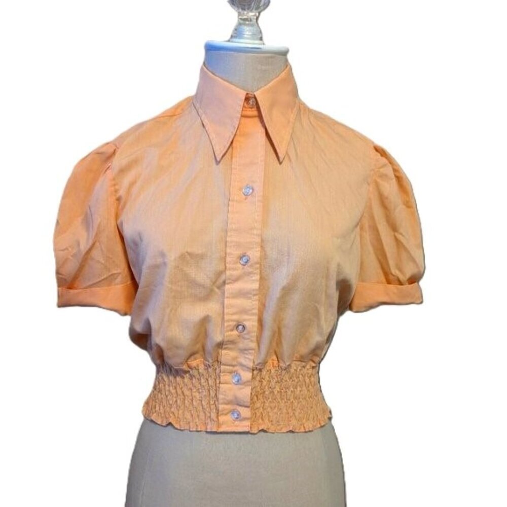 Vintage Wrangler Top Crop Puff Sleeve Collar Button Boho Coastal Cowgirl Smock